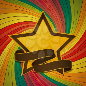Vintage Yellow and Brown Star with Blank Banner Over Colourful Swirl Background