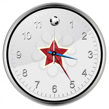 White and Metallic Clock with Football Soccer Ball at Twelve Red Star on The Centre and Red Blue and White Indicators