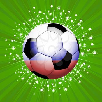 Red Blue and White Football Soccer Ball Over Green Background with White Star Burst