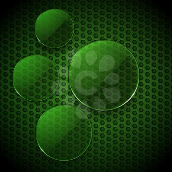 3D Illustration of Blank Green Glass Circles Info Graphic Over Honeycomb Background