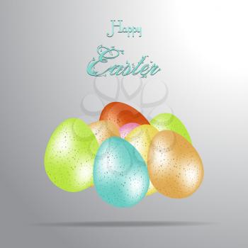 3D Illustration of Easter Eggs with Shadow and Decorative Happy Easter Text Over Gray Background