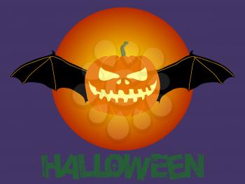 Hand Drawn Halloween Evil Pumpkin With Bat Wings Over Blood Moon On Purple Background With Decorative Green Text
