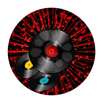 Trio Of Vinyl Discs Over Circular Black Border With Red Starburst On White Background
