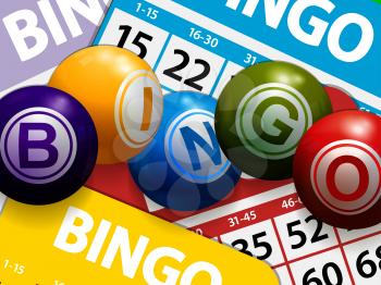 3D Illustration Of Bingo Balls Stating The Word Bingo Over Multicolored Bingo Cards Background