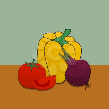 Illustration Of Hand Drawn Collection Of Vegetables With Yellow Pepper Red Tomatoes an One Onion Over Green And Brown Background
