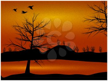 Peaceful Scene View Of Countryside During Red Sunset Dusk With Trees And Ducks Silhouettes Over Textured Background