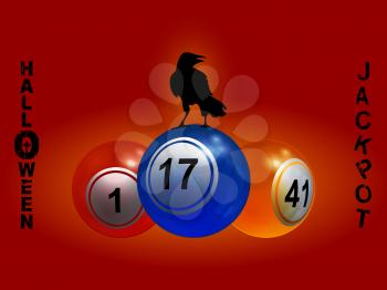 Halloween Bingo Lottery Red Gradient Background With Black Crow Silhouette On Three Bingo Lotto Balls And Decorative Text