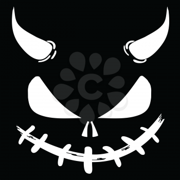 Creepy Abstract Devil Face Silhouette With Horns In White Over Black Background