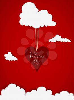 Red Valentine Gift Card With White Clouds Red Heart With Strings And Decorative Valentine Day Text Background