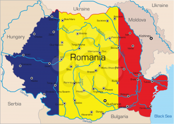 Royalty Free Clipart Image of a Map of Romania Coloured With a Flag