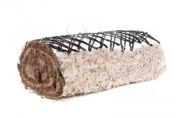 Chocolate Swiss roll closeup isolated on a white background