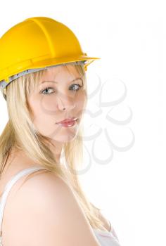 Royalty Free Photo of a Woman Wearing a Yellow Helmet
