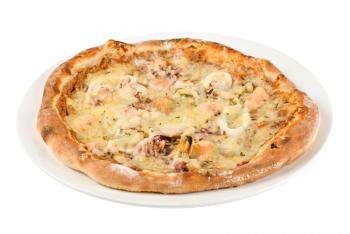 Tasty Seafood pizza on a white