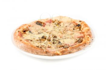 Pizza with mushrooms, ham isolated on white background