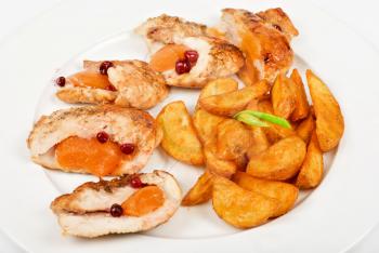 Royalty Free Photo of Roast Chicken Meat With Apricot and Potato