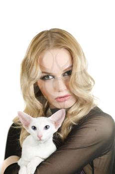 beauty young blond woman with oriental shorthair cat on a white