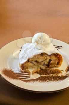 apple strudel tasty dessert dish at plate closeup