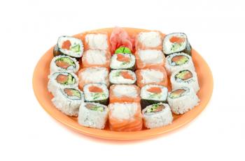 Closeup japanese sushi set at plate on a white