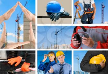 workers with equipment on building background sets