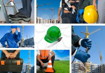 workers with equipment on building background sets