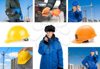workers with equipment on building background sets