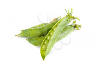 Ripe pea vegetable with green leaf isolated on white background