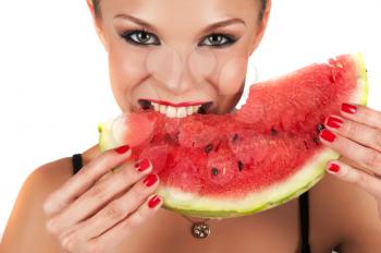 beautiful young woman eat juicy watermelon over white