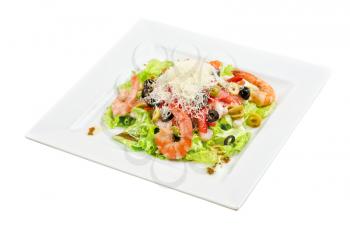 Salad with shrimps, eggs, caviar, calamaries, lettuce, olive, tomato and mozzarella on a white