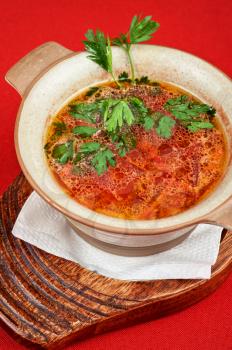 Russian ukraine cuisine - borsch dish on red background