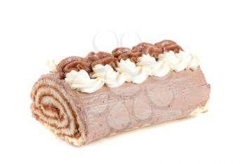 Chocolate Swiss roll closeup isolated on a white background