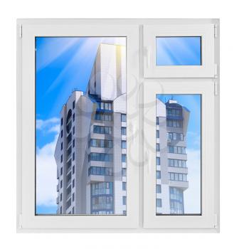 Plastic window with new building on white background