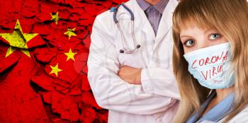 Male and female doctor on China flag background. Concept of corona virus.