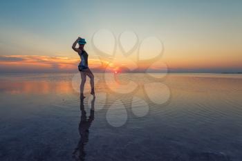 Beauty sunset on salty lake in Altay, Siberia, Russia