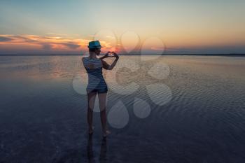 Beauty sunset on salty lake in Altay, Siberia, Russia