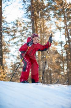 A little boy in red clothes is skiing in a pine forest