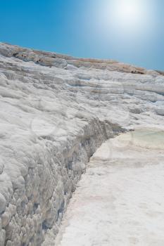 Panoramic view of Pammukale near modern city Denizli, Turkey. One of famous tourists place in Turkey.