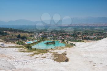 Panoramic view of Pammukale near modern city Denizli, Turkey. One of famous tourists place in Turkey.