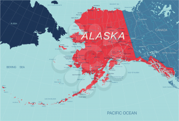 Alaska State Political map of the United States with capital Juneau, national borders, cities and towns, rivers and lakes. Vector EPS-10 file, trending color scheme