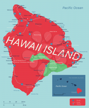 Big Hawaii island detailed editable map with with cities and towns, geographic sites, roads, railways, interstates and U.S. highways. Vector EPS-10 file, trending color scheme