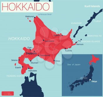Hokkaido island detailed editable map with regions cities and towns, roads and railways, geographic sites. Vector EPS-10 file