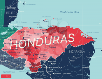 Honduras country detailed editable map with regions cities and towns, roads and railways, geographic sites. Vector EPS-10 file
