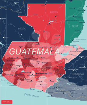 Guatemala country detailed editable map with regions cities and towns, roads and railways, geographic sites. Vector EPS-10 file