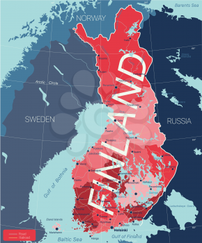 Finland country detailed editable map with regions cities and towns, roads and railways, geographic sites. Vector EPS-10 file