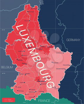 Luxembourg country detailed editable map with regions cities and towns, roads and railways, geographic sites. Vector EPS-10 file