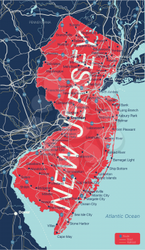 New Jersey state detailed editable map with cities and towns, geographic sites, roads, railways, interstates and U.S. highways. Vector EPS-10 file, trending color scheme