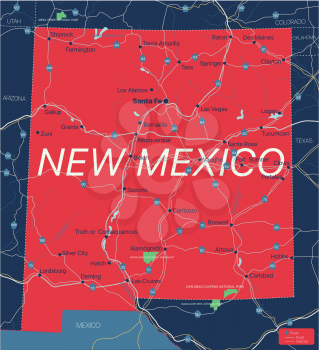 New Mexico state detailed editable map with cities and towns, geographic sites, roads, railways, interstates and U.S. highways. Vector EPS-10 file, trending color scheme