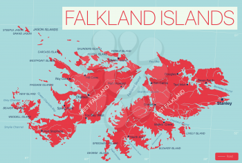 Falkland Islands detailed editable map with regions cities and towns, roads and railways, geographic sites. Vector EPS-10 file