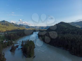 Aerial view of Katun river, in Altai mountains