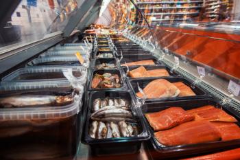 Fish and seafood stall in a market. Healthy eating and fish market concept