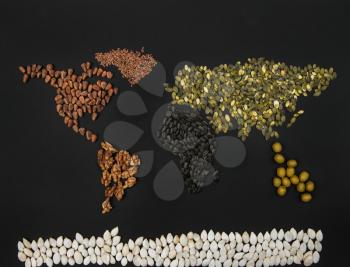World map from different seed: walnut, olives, flaxseed, pumpkin seed on black background